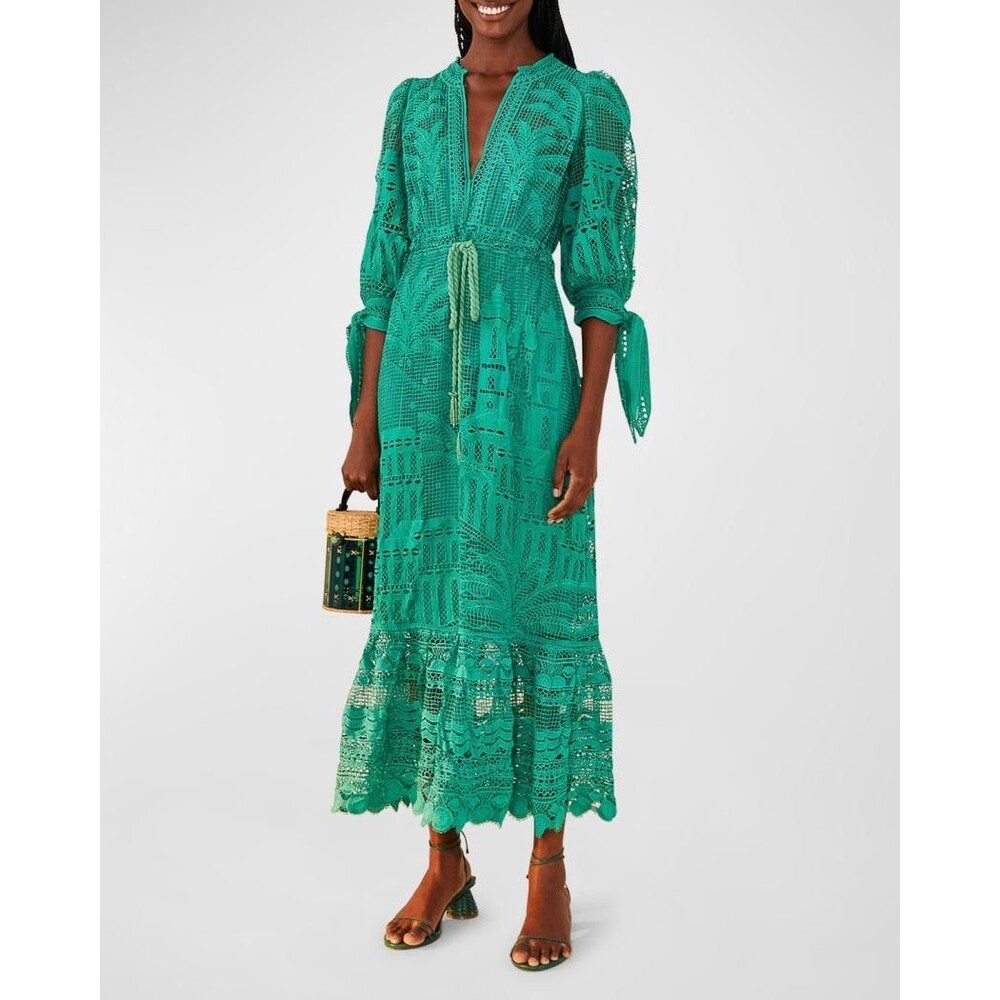 Farm Rio Morada Boa Guipure Green Size Medium Dress with Slip Puff Sleeve Lace